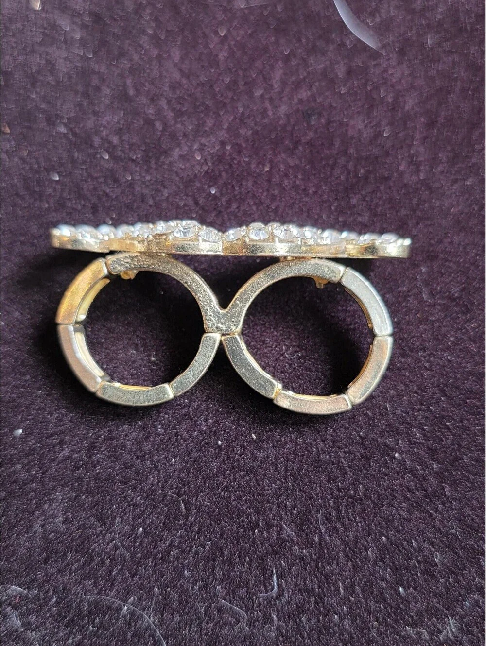 Y2k Novelty Rhinestone Handlebar Mustache Gold Tone Two-Finger Ring Stretch